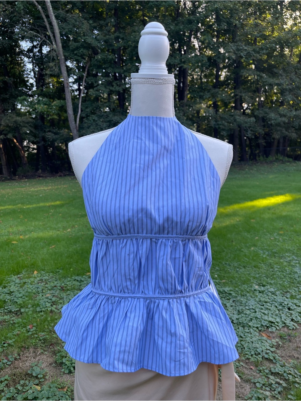 Zara Striped Poplin Halter Peplum Top Blue Open Back Size Medium NWT